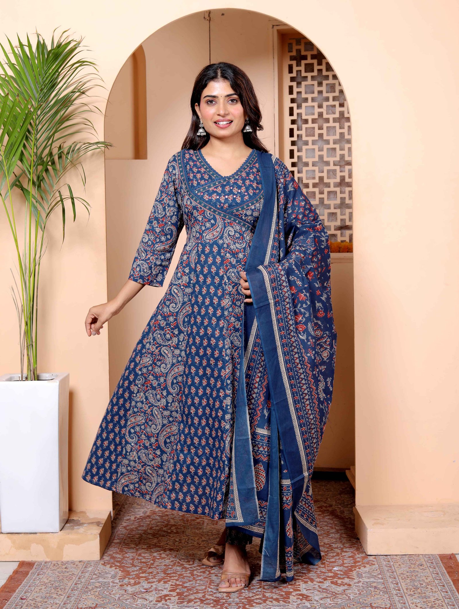 Blue paisley print Flare Anarkali   Set